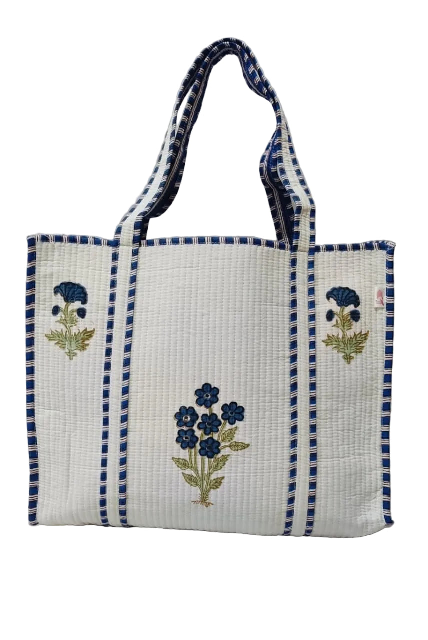 Classic White Block Printed Quilted Tote Bag without zip/button 17x18x 6 inches