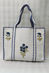 Classic White Block Printed Quilted Tote Bag without zip/button 17x18x 6 inches