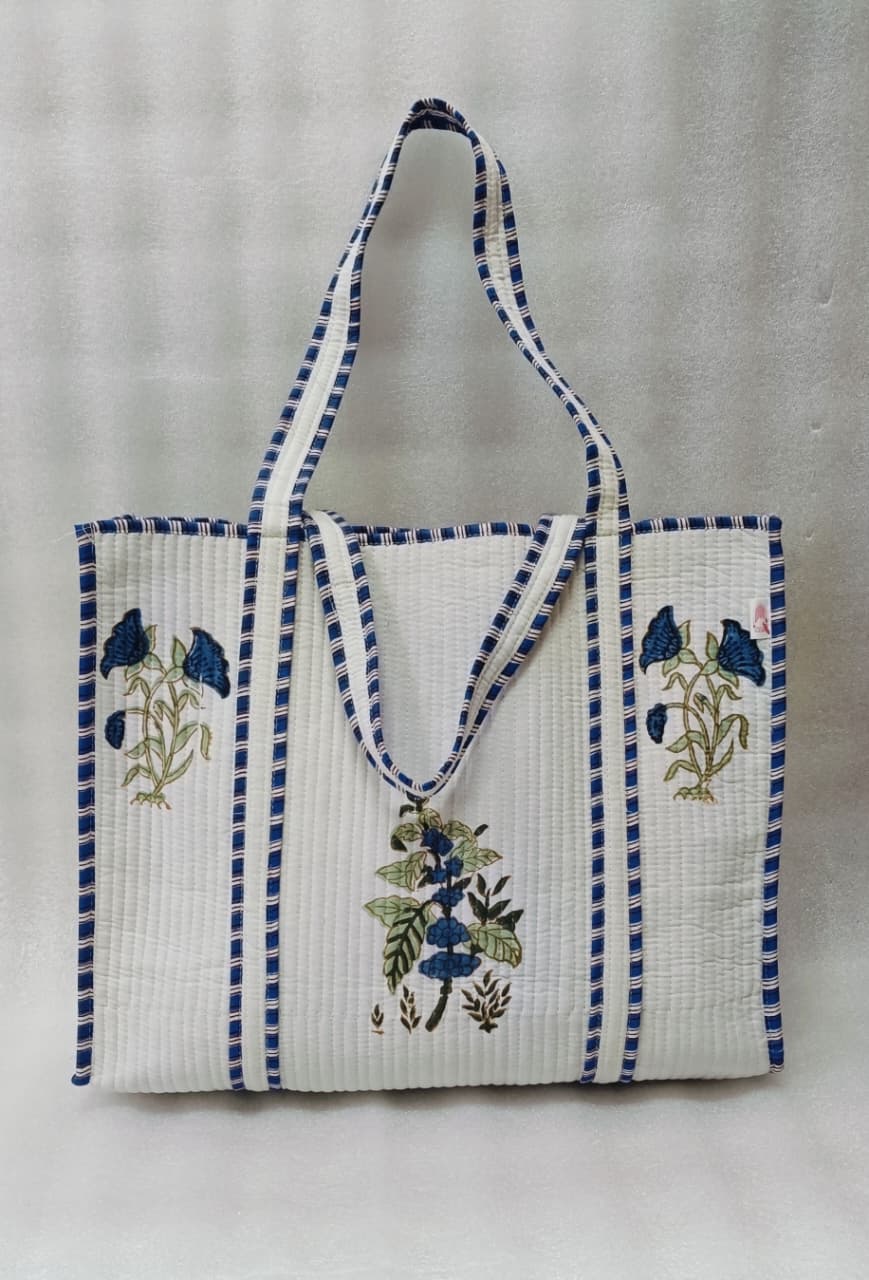 Classic White Block Printed Quilted Tote Bag without zip/button 17x18x 6 inches