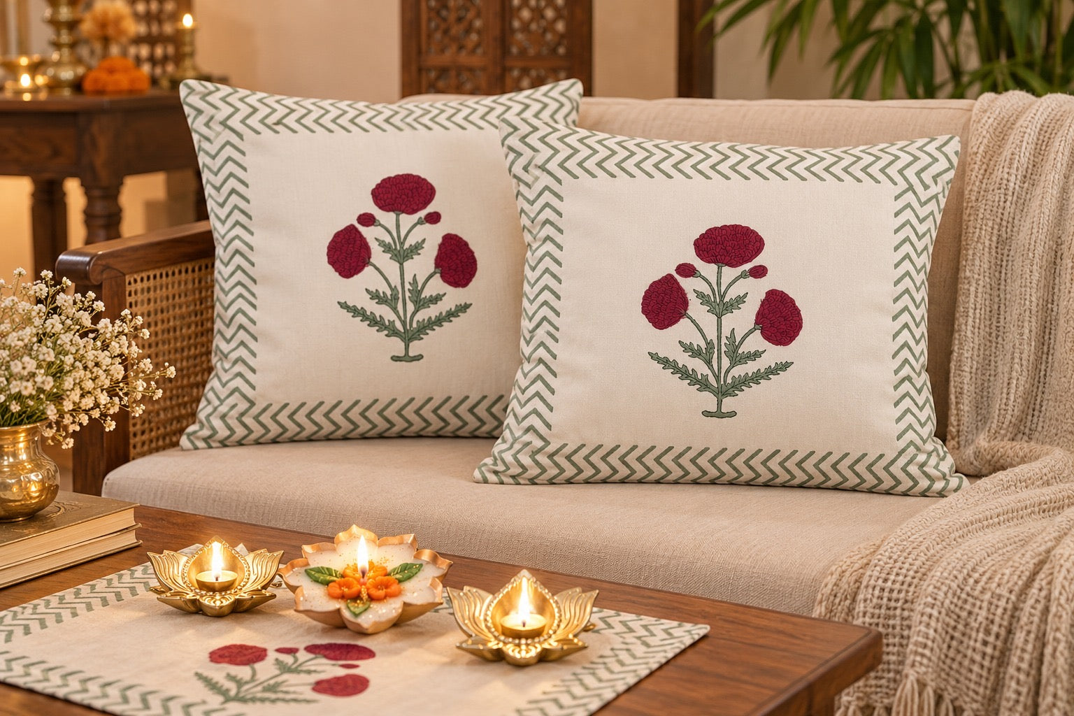 Diwali Home Décor Gift Box with 2 Cushion Covers, 1Handmade Floral Soy Wax Candle & 2 Metal Diyas