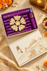 Diwali Gift Box with Banarasi Zari Table Runner, Set Of 6 Mats, 6 coaster, 6 inch Metal Urli