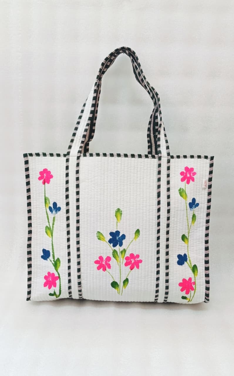 Hand-Painted Floral Tote Bag – Double-Sided Artisan Cotton Tote | Spacious Everyday Carry Bag (No Zip)- 17x18x6 inches