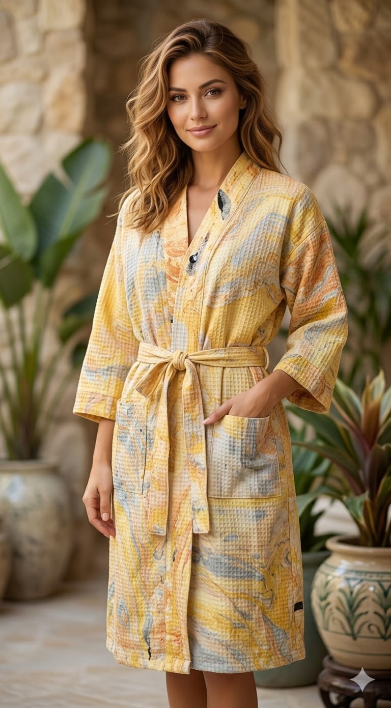 Unisex Marble Print Waffle Cotton Bathrobe- Free Size