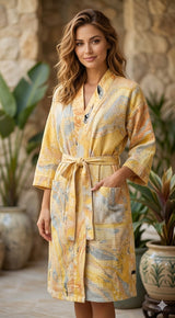 Unisex Marble Print Waffle Cotton Bathrobe- Free Size