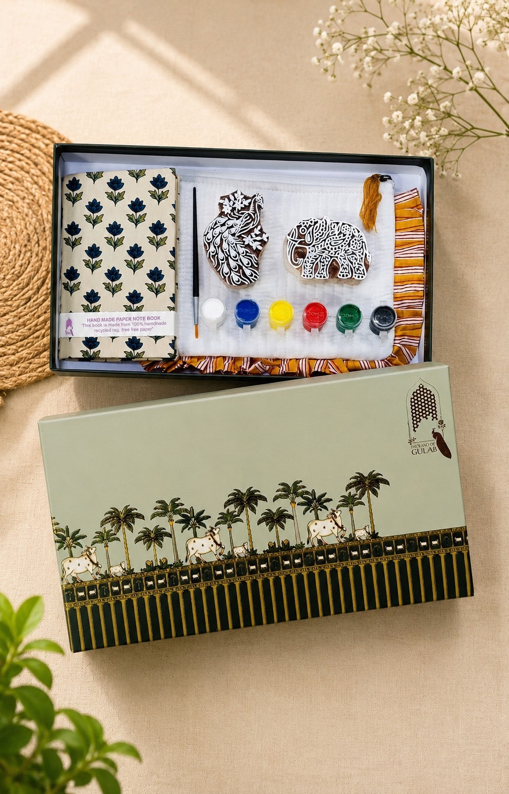 DIY Block Printing Kit – Handmade Diary, White Pouch, 2 Wooden Blocks & Paint Set