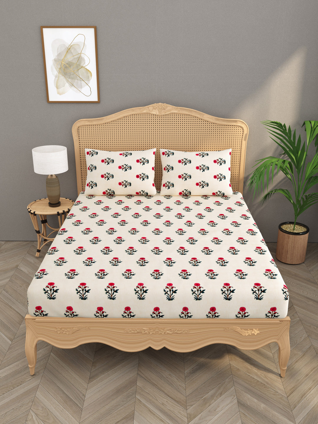 House of Gulab 100% Cotton Double Bedsheet (Rose, White)