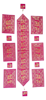 Diwali Gift Box with Banarasi Zari Table Runner, Set Of 6 Mats, 6 coaster & 2 laddoo candles