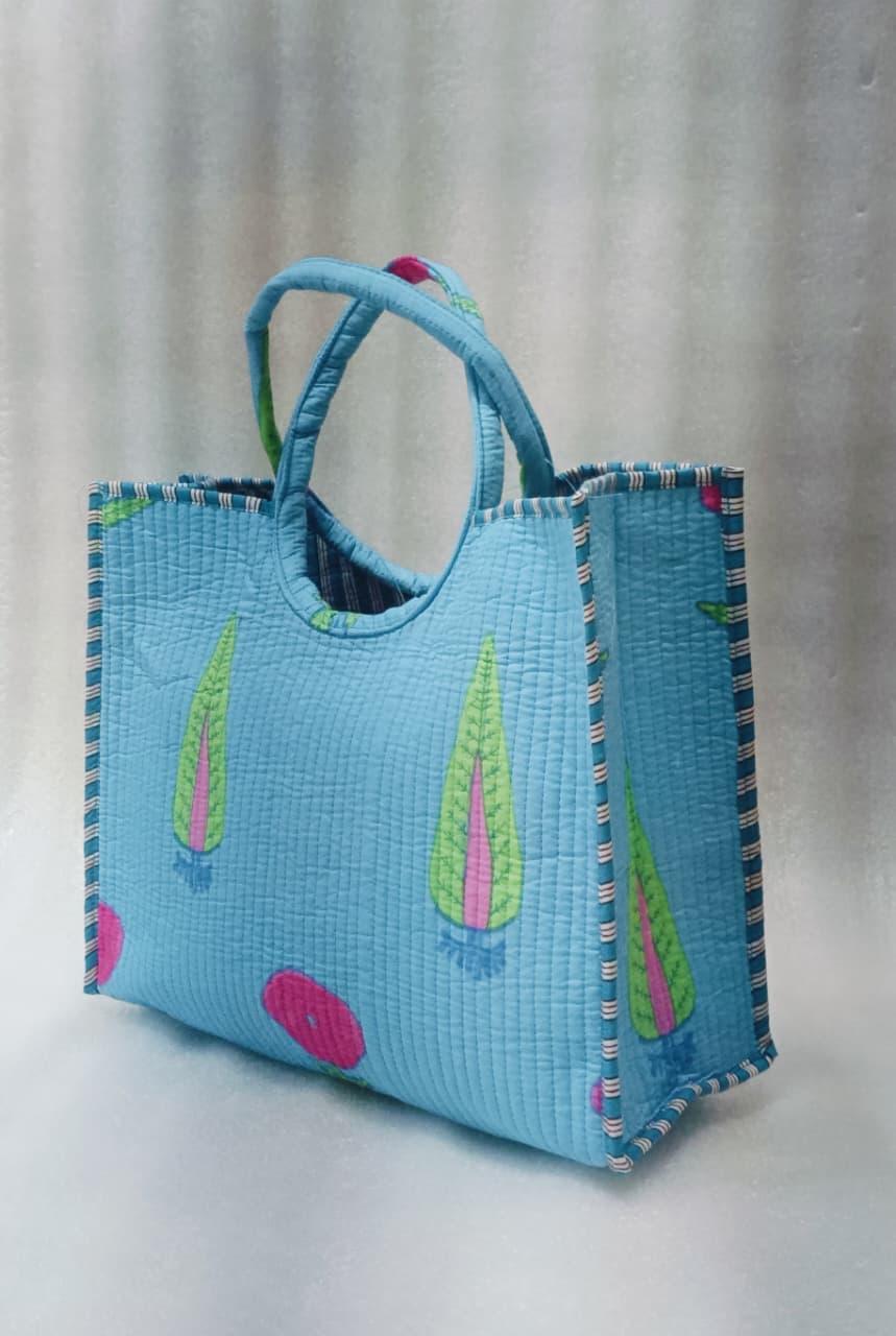 Handblock Printed Cotton Tote Bag with Unique Moon-Shaped Handle- 14x14x6 inches