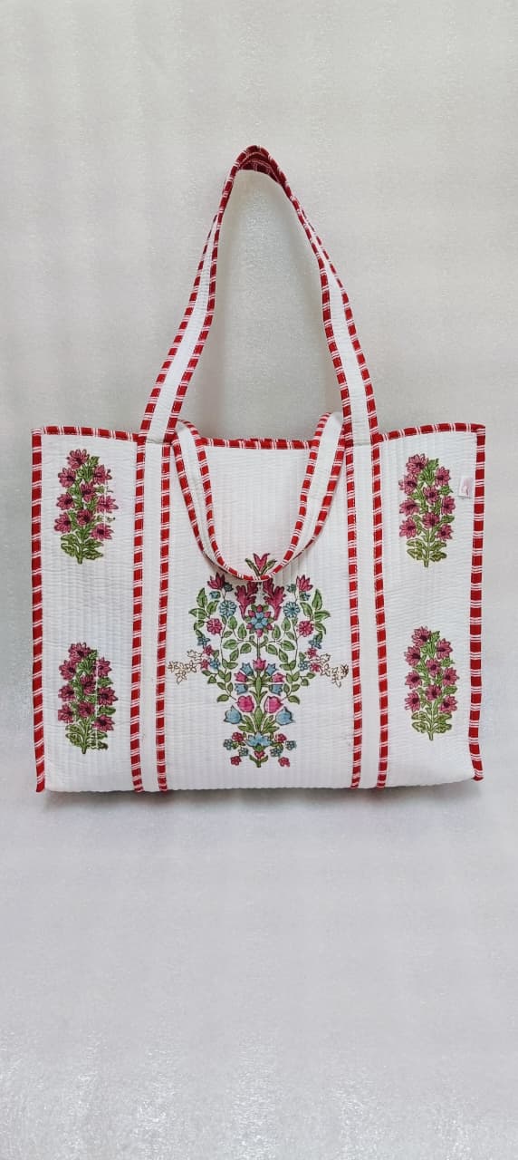 Classic White Block Printed Quilted Tote Bag without zip/button 17x18x 6 inches
