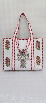 Classic White Block Printed Quilted Tote Bag without zip/button 17x18x 6 inches