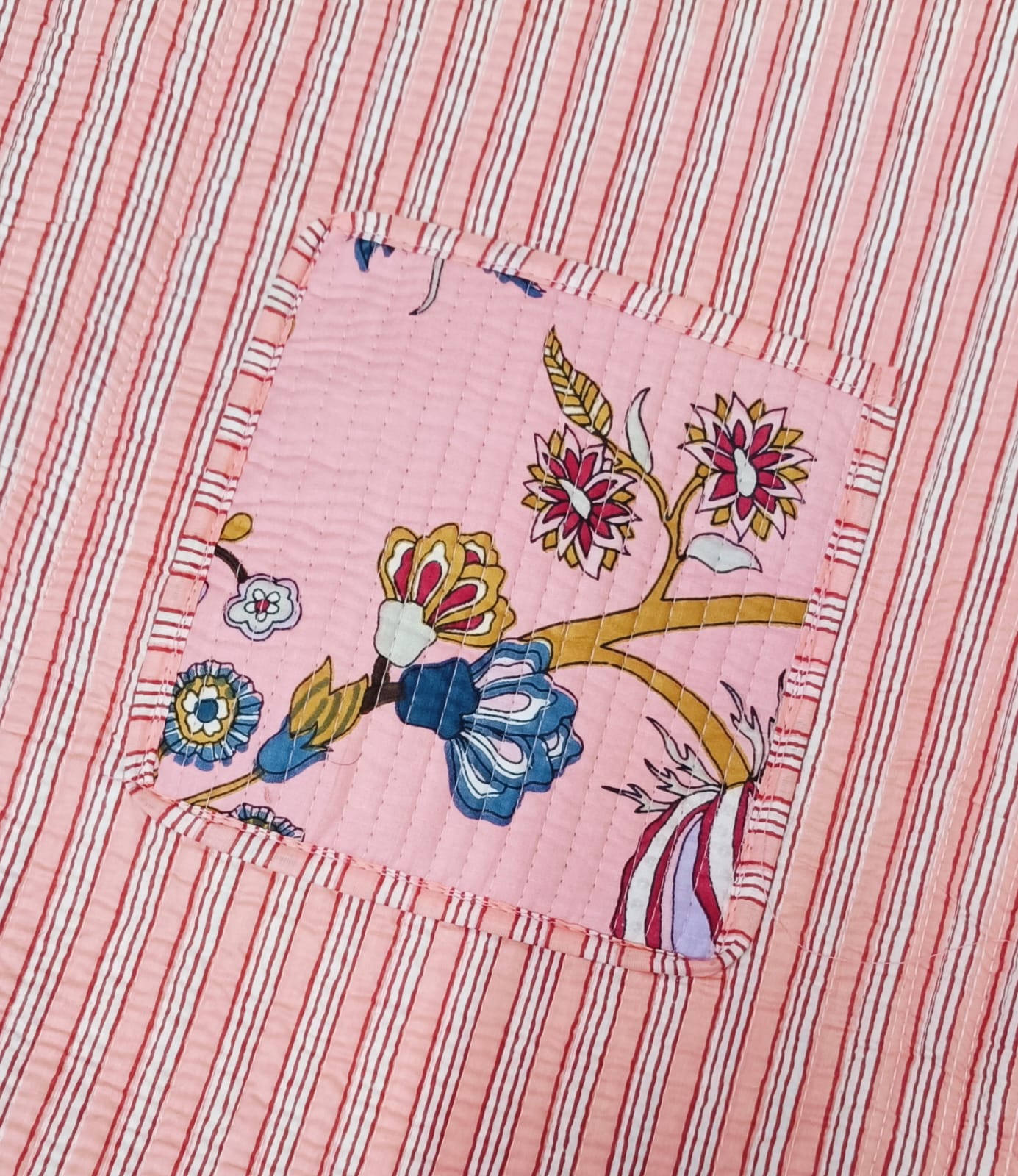 Handblock Printed Quilted Tote Bag without zip/button 17x18x 6 inches