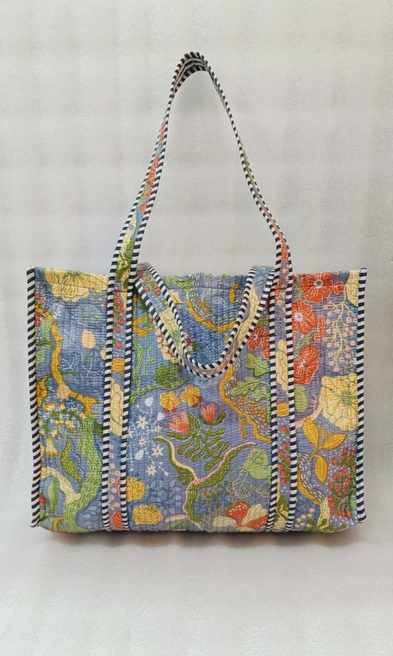 Handblock Printed Quilted Tote Bag without zip/button 17x18x 6 inches