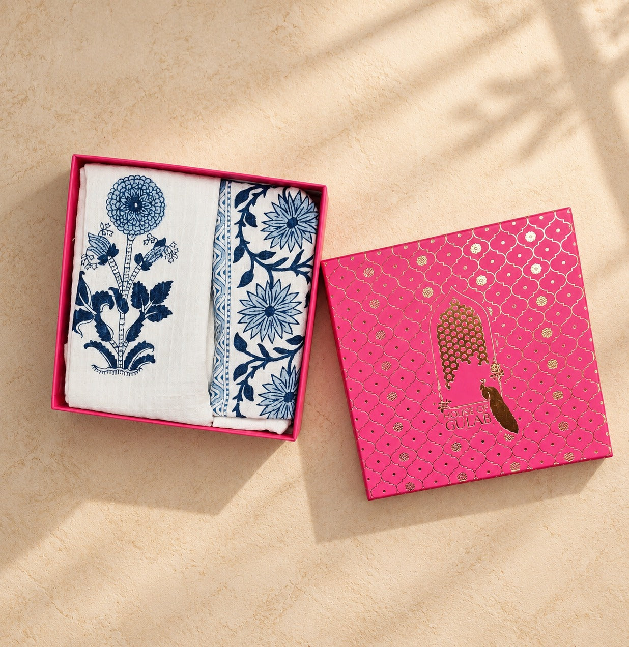 Diwali Gift Box | Set of 2 Waffle Cotton Handblock Printed Hand Towels