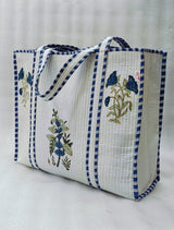 Classic White Block Printed Quilted Tote Bag without zip/button 17x18x 6 inches