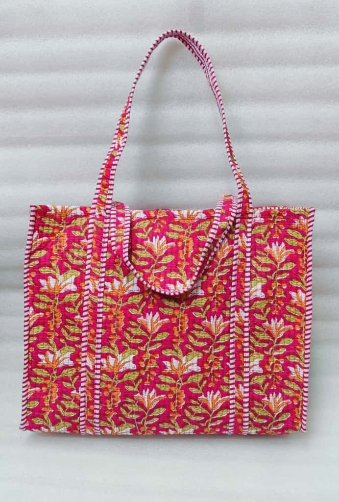 Handblock Printed Quilted Tote Bag without zip/button 17x18x 6 inches