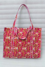 Handblock Printed Quilted Tote Bag without zip/button 17x18x 6 inches