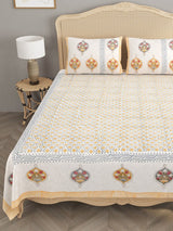 Cream-Coloured Ethnic Printed Cotton Double Bed Covers With Pillow Covers