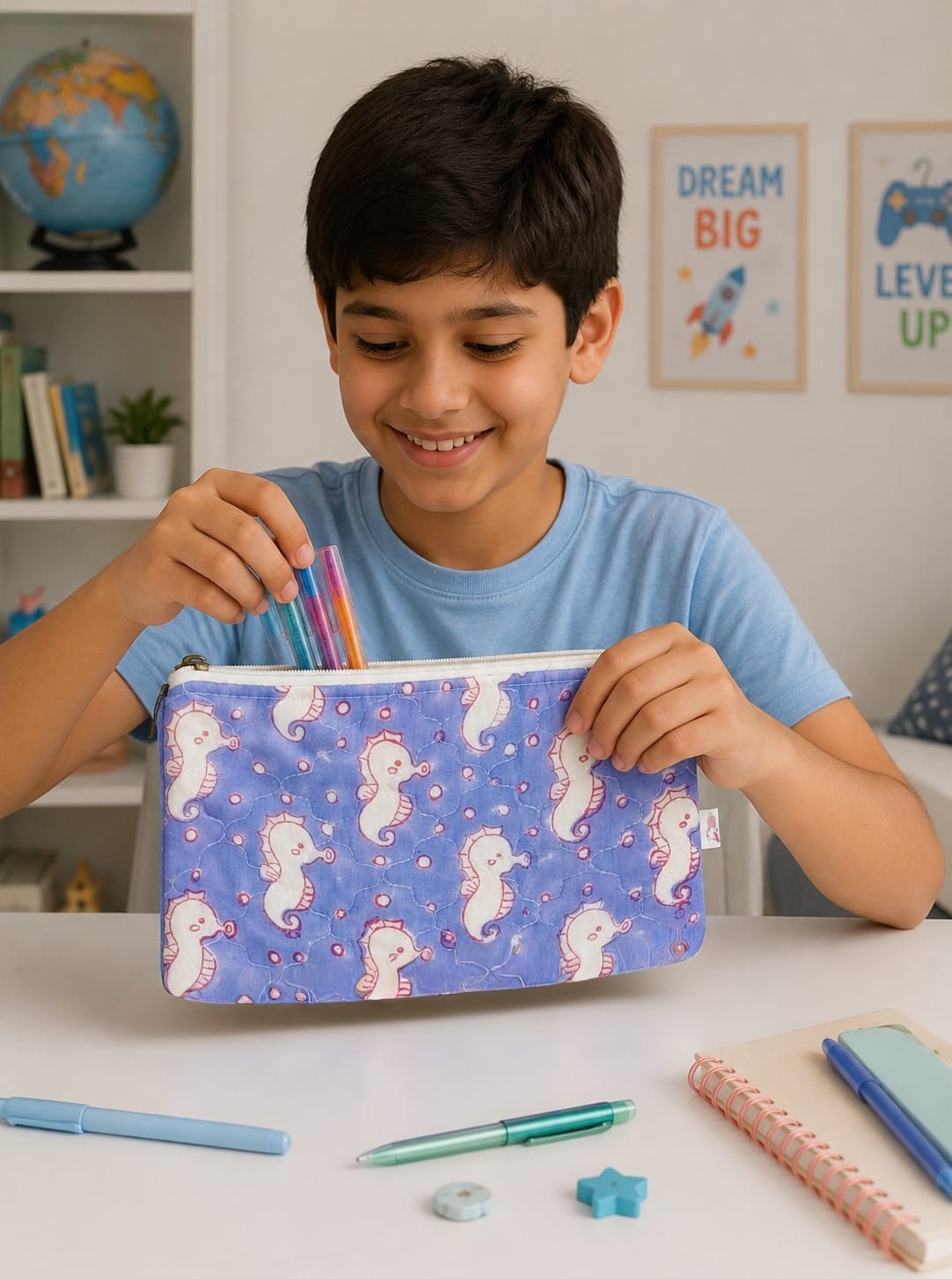 Handblock Printed Cotton Kids’ Flat Pouch with Zip Closure