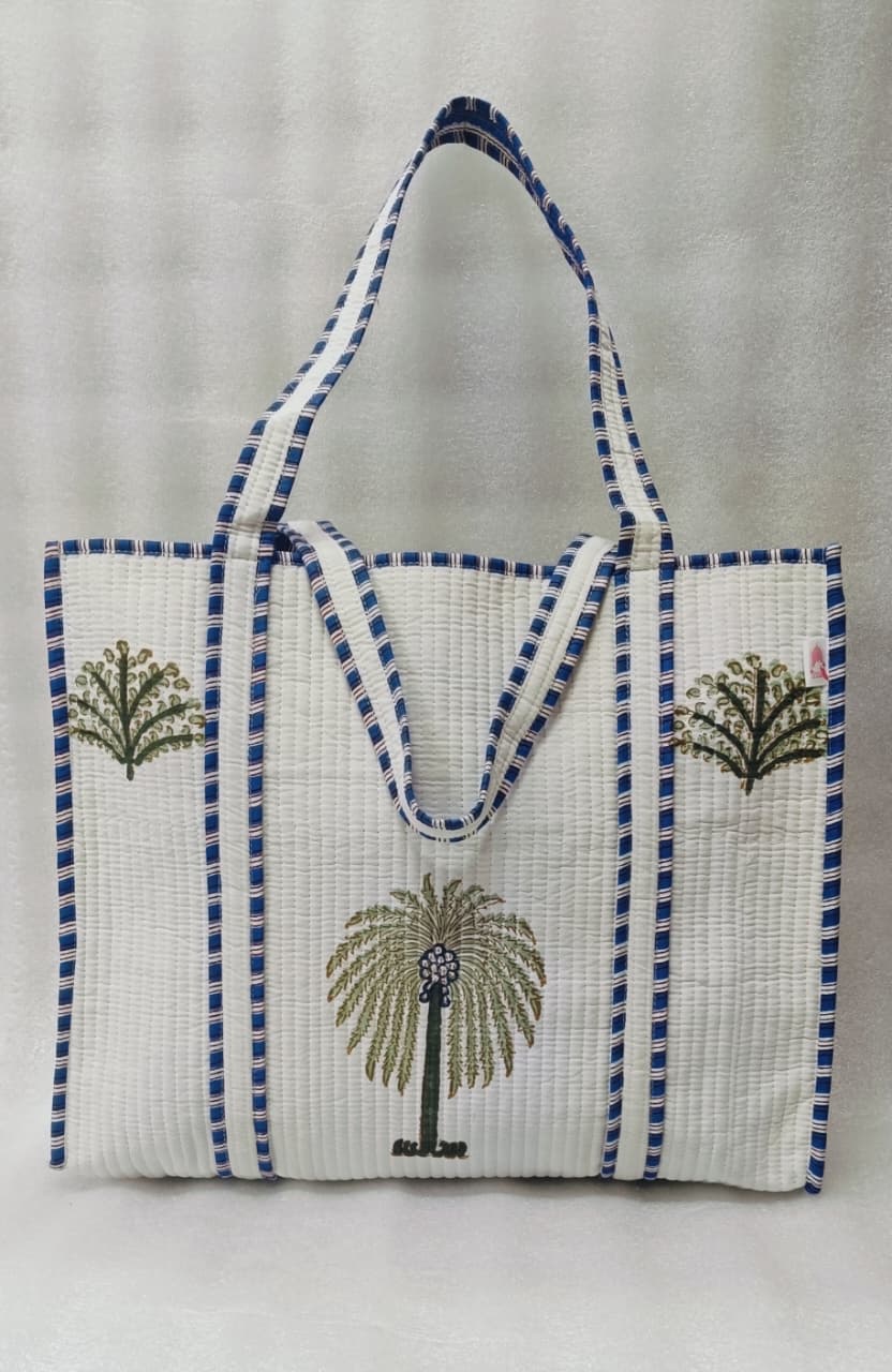 Classic White Block Printed Quilted Tote Bag without zip/button 17x18x 6 inches