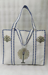 Classic White Block Printed Quilted Tote Bag without zip/button 17x18x 6 inches