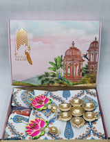 Diwali Gift Box | 1 Double Bedsheet, 1 Pair Door Hanging, 1 Metal Urli, 2 Laddoo Candles