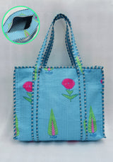 Handblock Printed Quilted Tote Bag with concealed zip ( 17x18x 6 inches)