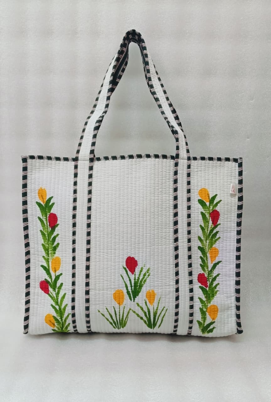 Hand-Painted Floral Tote Bag – Double-Sided Artisan Cotton Tote | Spacious Everyday Carry Bag (No Zip)- 17x18x6 inches