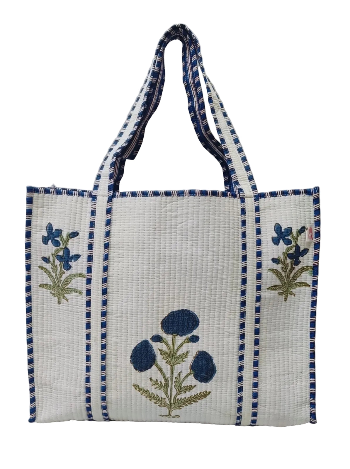 Classic White Block Printed Quilted Tote Bag without zip/button 17x18x 6 inches