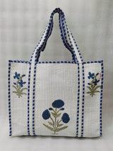 Classic White Block Printed Quilted Tote Bag without zip/button 17x18x 6 inches