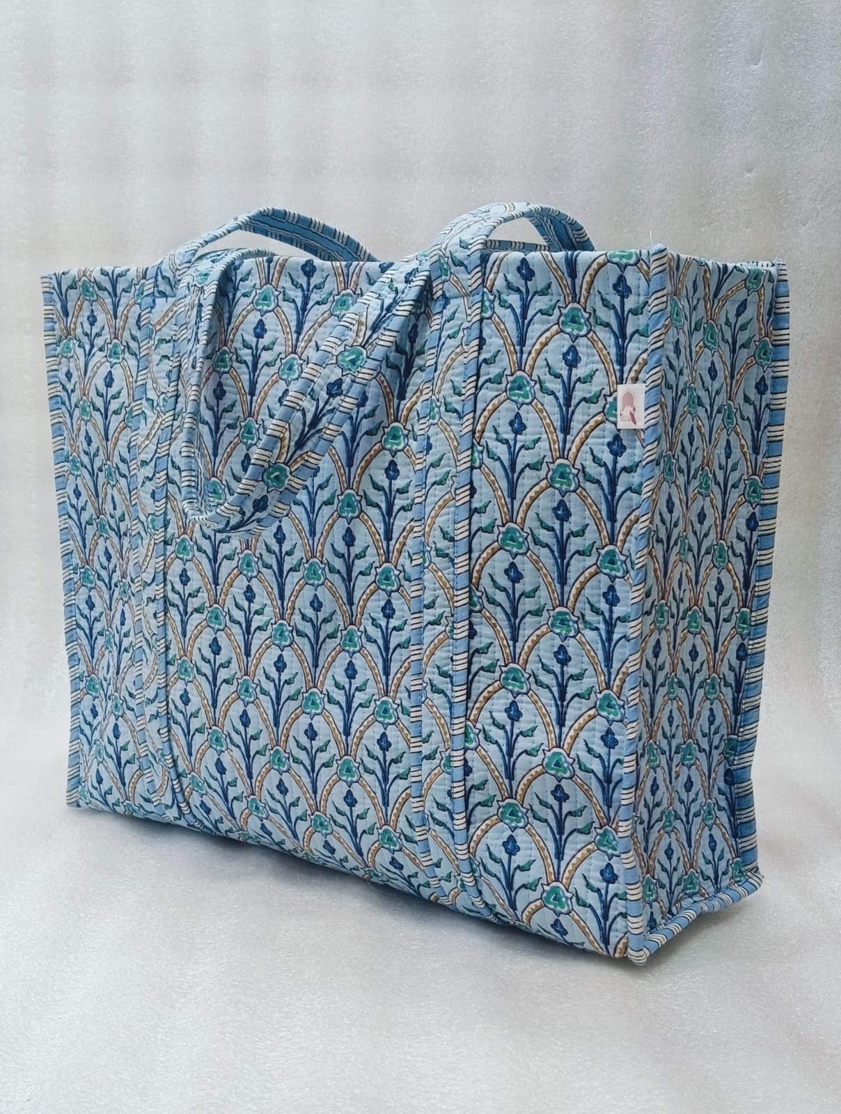 Handblock Printed Quilted Tote Bag without zip/button 17x18x 6 inches