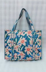 Handblock Printed Quilted Tote Bag without zip/button 17x18x 6 inches
