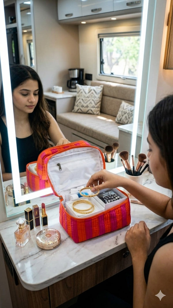 Handcrafted Quilted Makeup Organizer Bag | Cosmetic & Travel Vanity Case - 9x6.5x6.2 inches