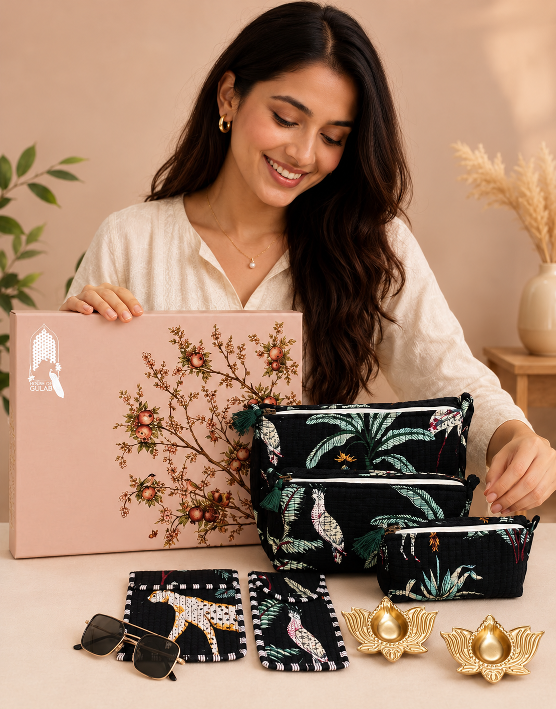 Diwali Gift Box Set of 5 Utility Pouches with Set of 2 Metal Diya (3 Makeup Pouches, 1 Sunglass Pouch, 1 Sanitary Napkin Pouch