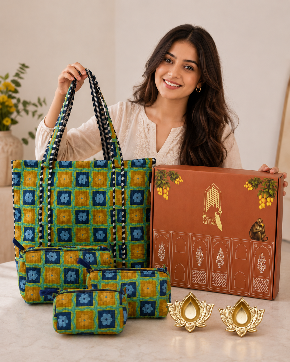 Stylish Tote Bag with 3 Coordinated Utility Pouches with Gift Box with Set of 2 Metal Diyas