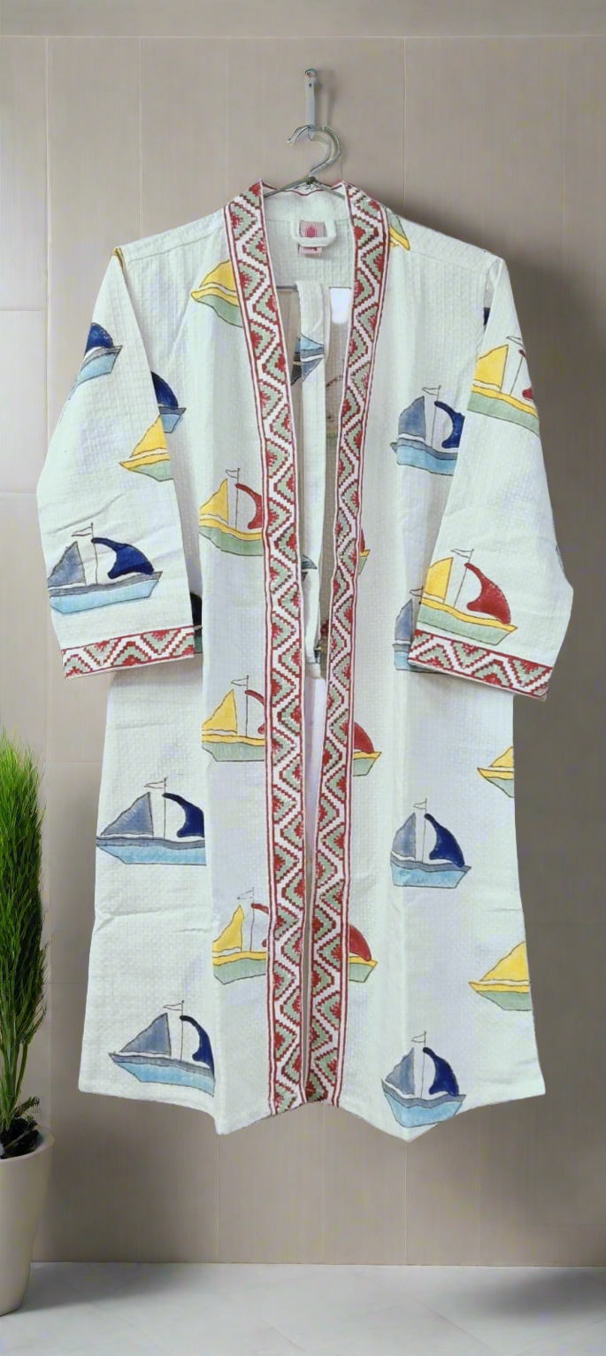 Handblock printed waffle cotton bathrobe for kids - 4-13 years old