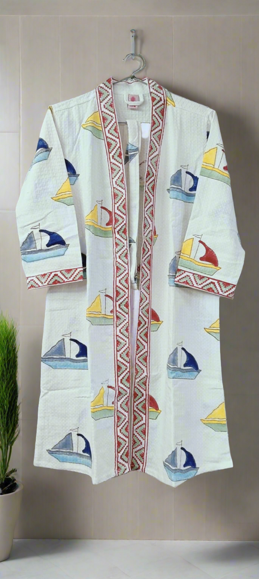 Handblock printed waffle cotton bathrobe for kids - 4-13 years old