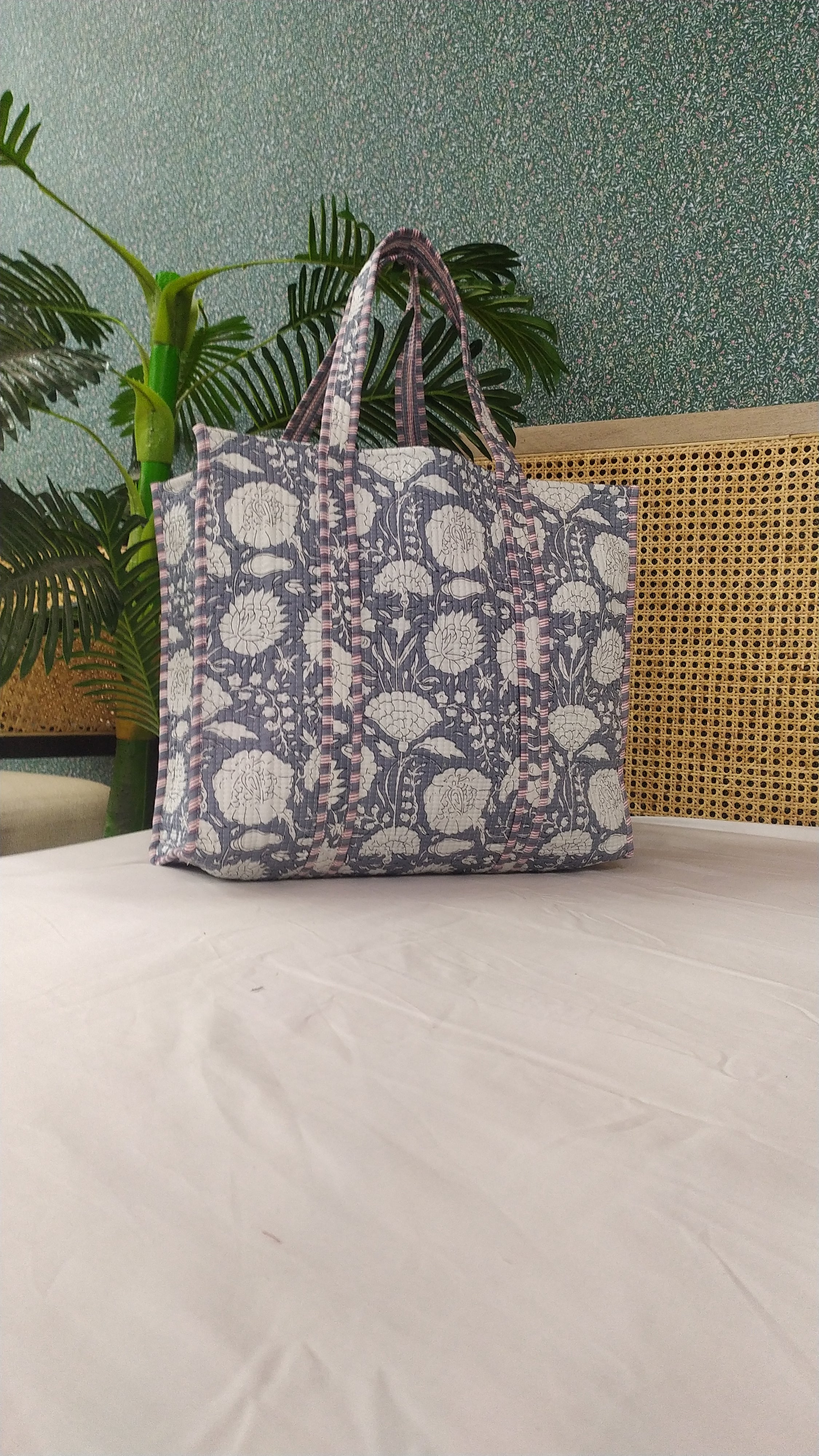 Handblock Printed Quilted Tote Bag without zip/button 17x18x 6 inches