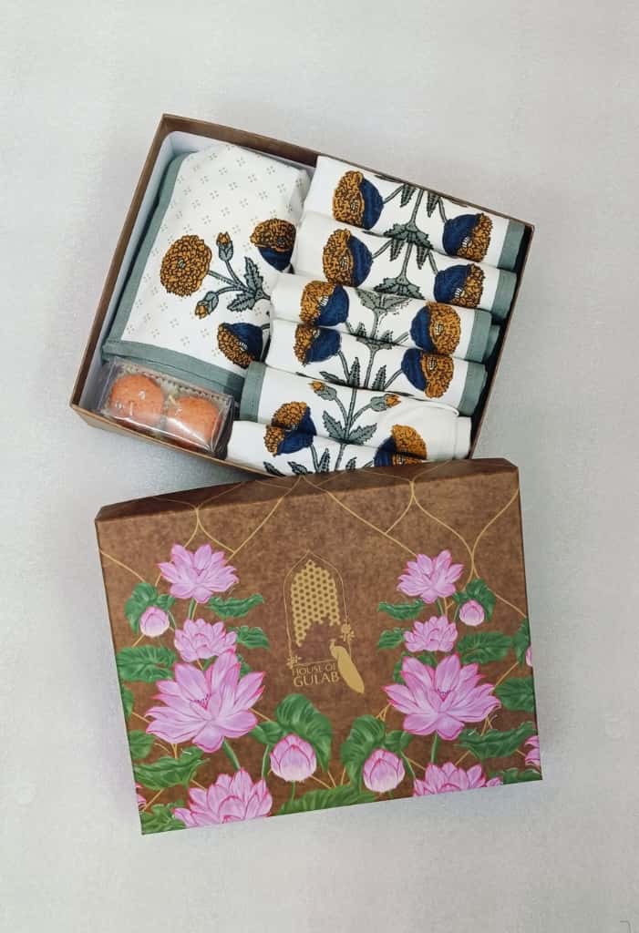 Diwali Gift Box with Handblock Printed Canvas Cotton Table Runner & Set Of 6 Mats, 2 laddoo candles