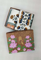 Diwali Gift Box with Handblock Printed Canvas Cotton Table Runner & Set Of 6 Mats, 2 laddoo candles