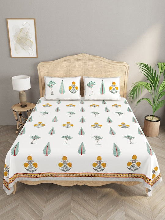 Handblock Printed Super King Size Bedsheet with 2 Pillow Covers