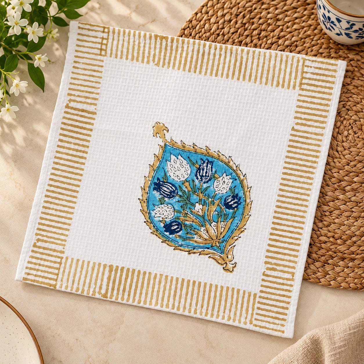 Diwali Gift Box - Hand Block Printed Cotton Napkin Set of 6 with Tassel Napkin Rings