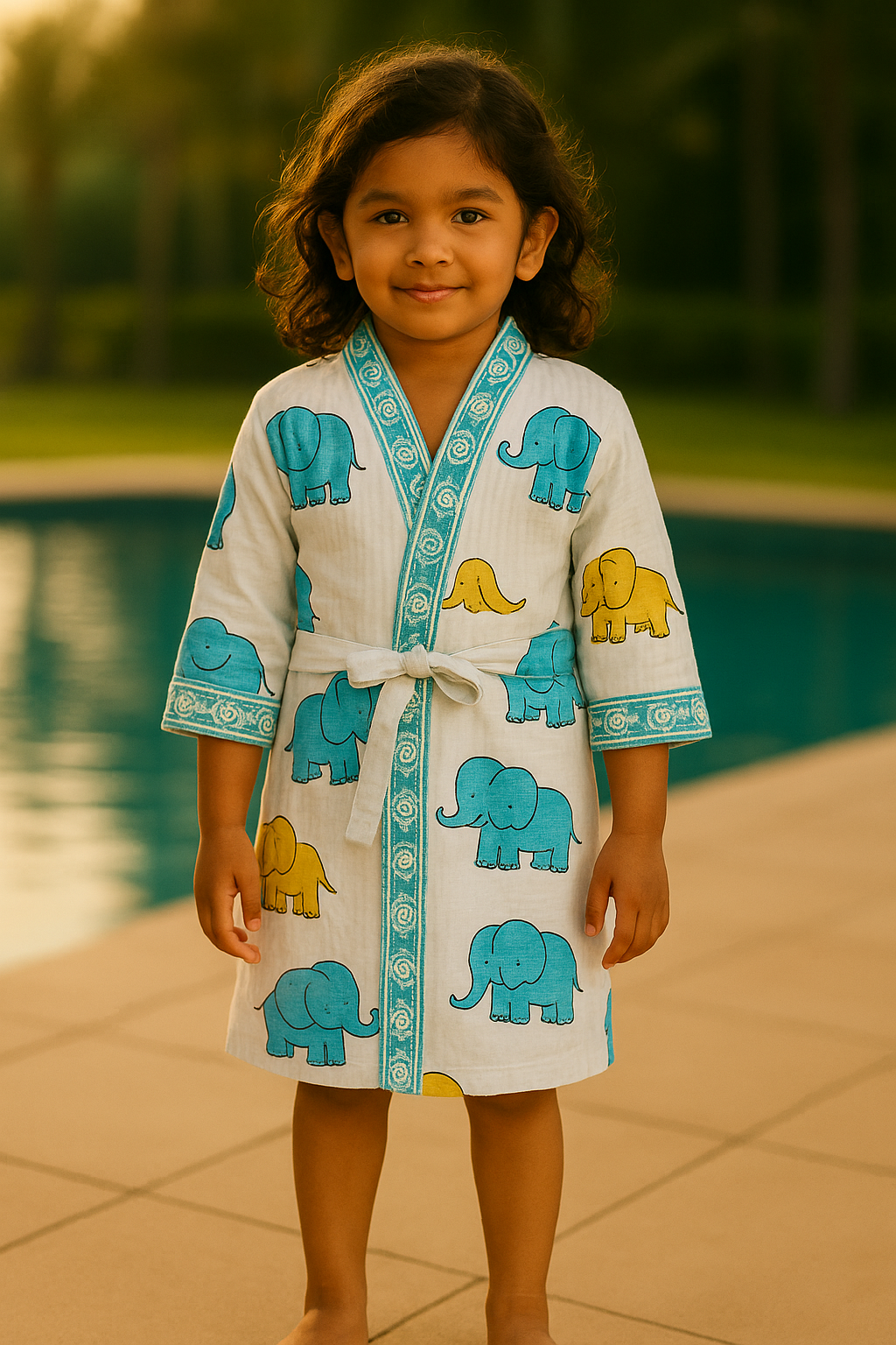 Handblock printed waffle cotton bathrobe for kids - 4-13 years old