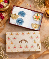 Diwali Home Décor Gift Box with 2 Cushion Covers, 1Handmade Floral Soy Wax Candle & 2 Metal Diyas