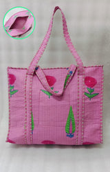 Handblock Printed Quilted Tote Bag with concealed zip ( 17x18x 6 inches)