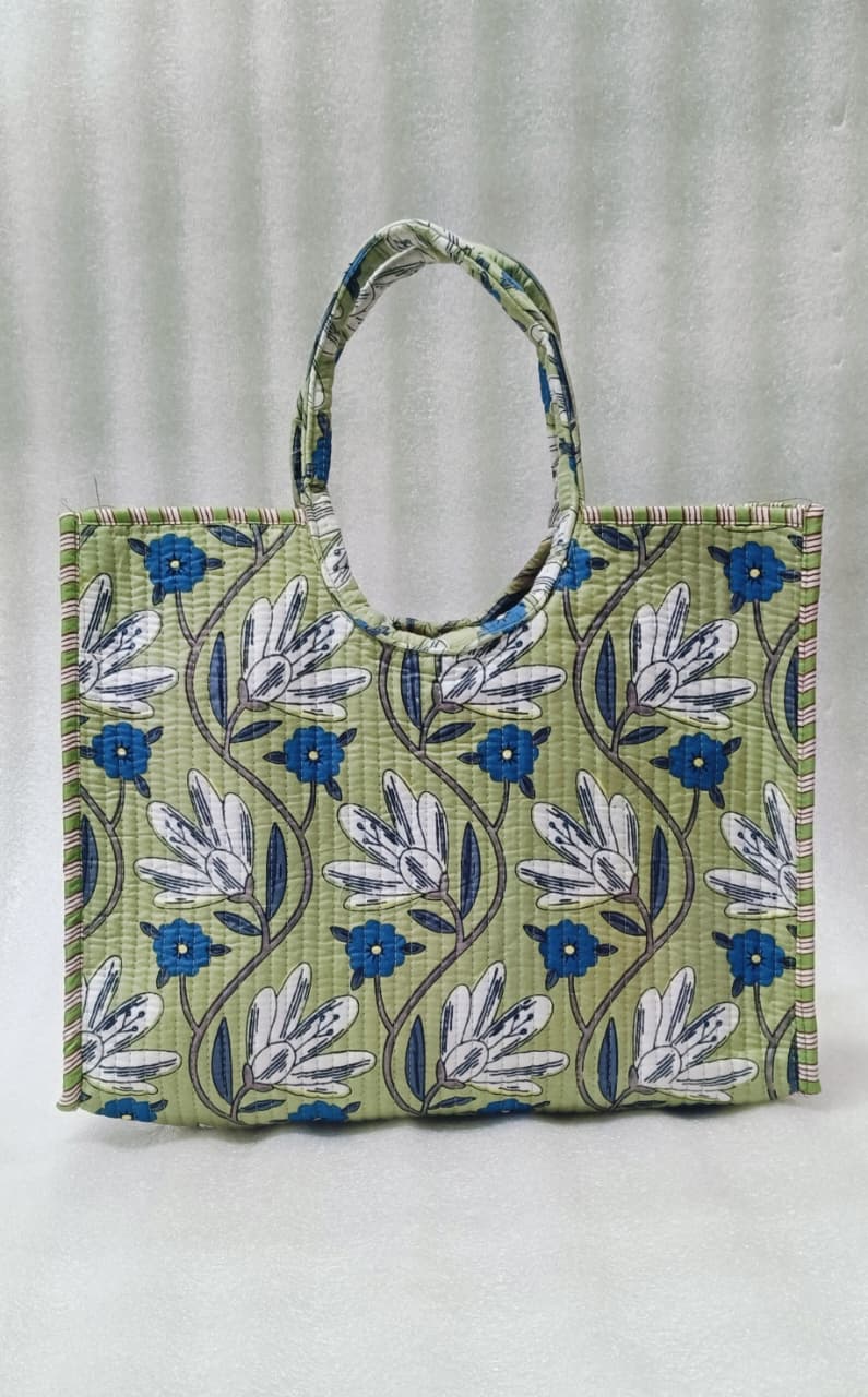 Handblock Printed Cotton Tote Bag with Unique Moon-Shaped Handle- 14x14x6 inches
