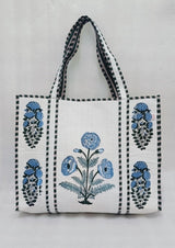 Classic White Block Printed Quilted Tote Bag without zip/button 17x18x 6 inches