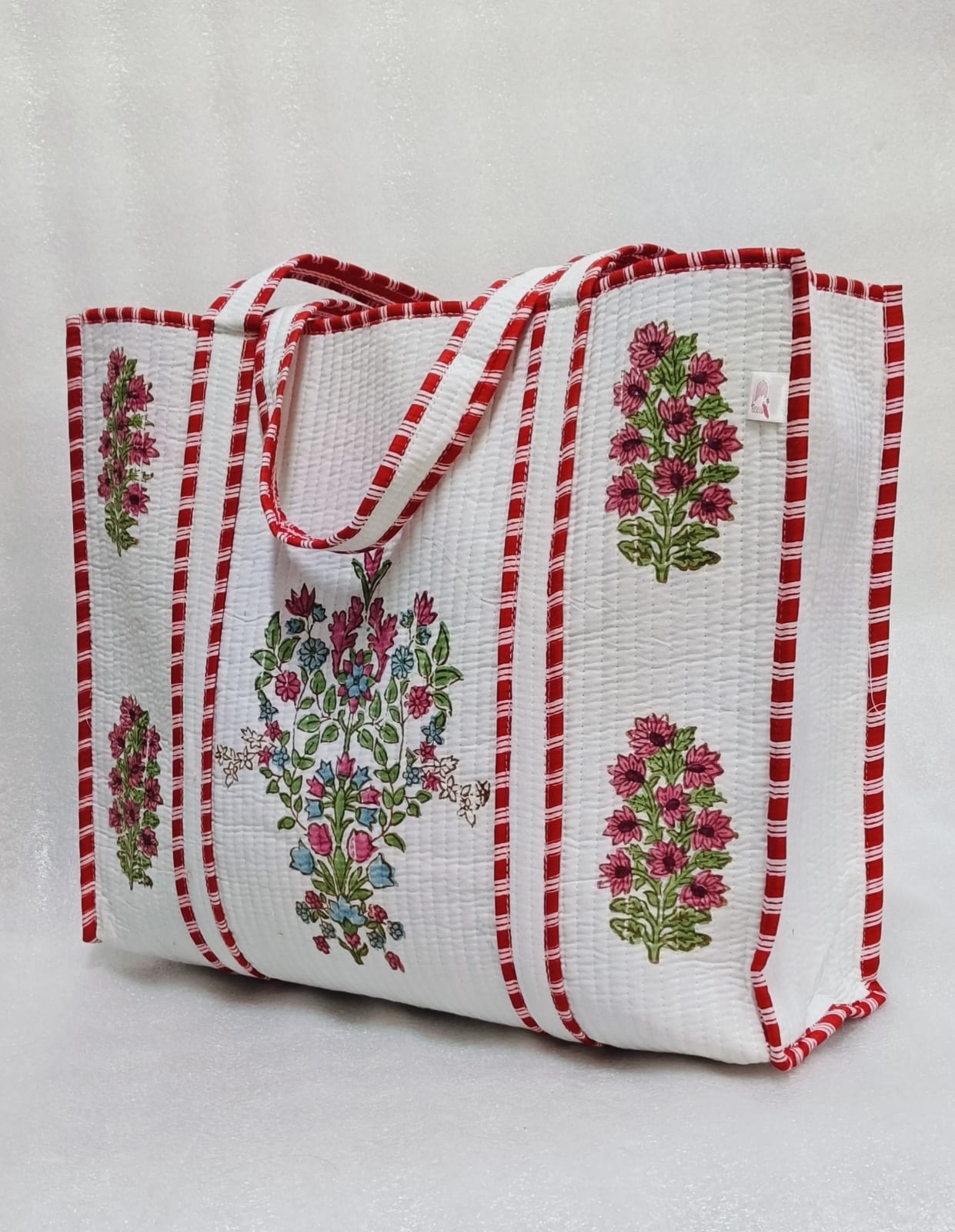 Classic White Block Printed Quilted Tote Bag without zip/button 17x18x 6 inches