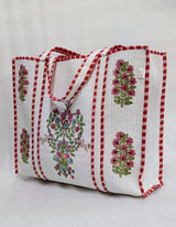 Classic White Block Printed Quilted Tote Bag without zip/button 17x18x 6 inches