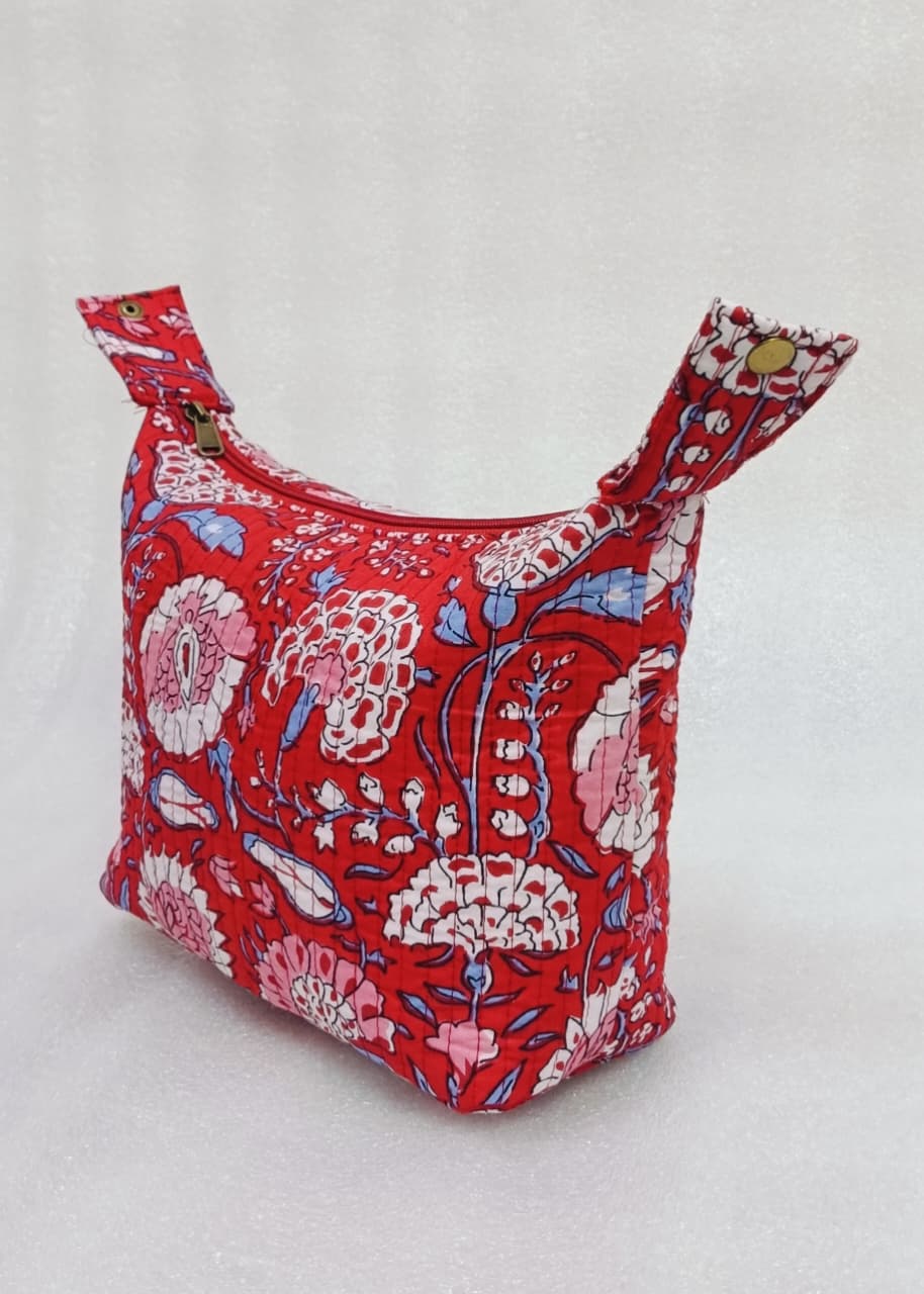 Quilted Block Printed Hobo Pouch with Zip closure and Snap Button