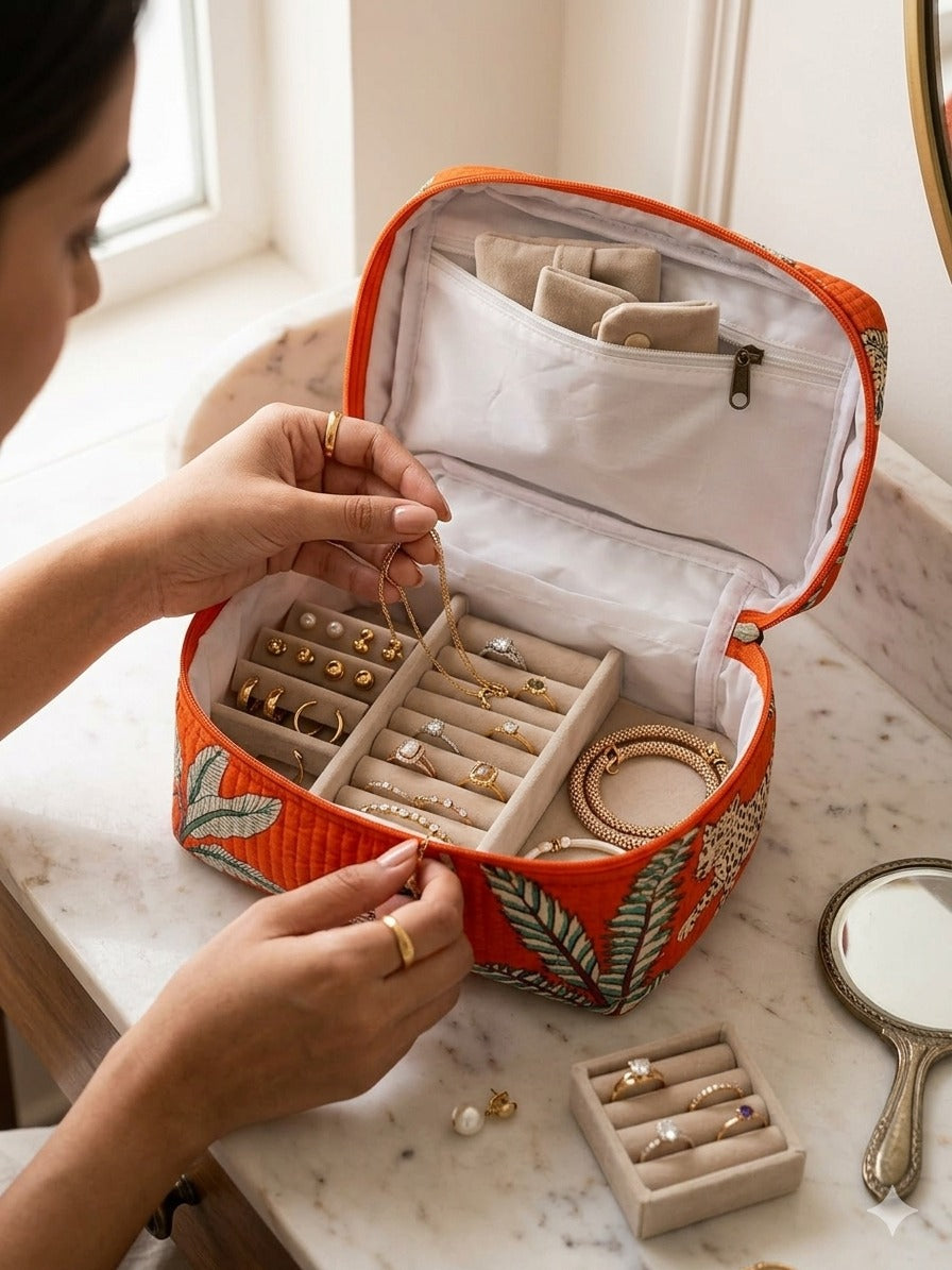 Handcrafted Quilted Makeup Organizer Bag | Cosmetic & Travel Vanity Case - 9x6.5x6.2 inches